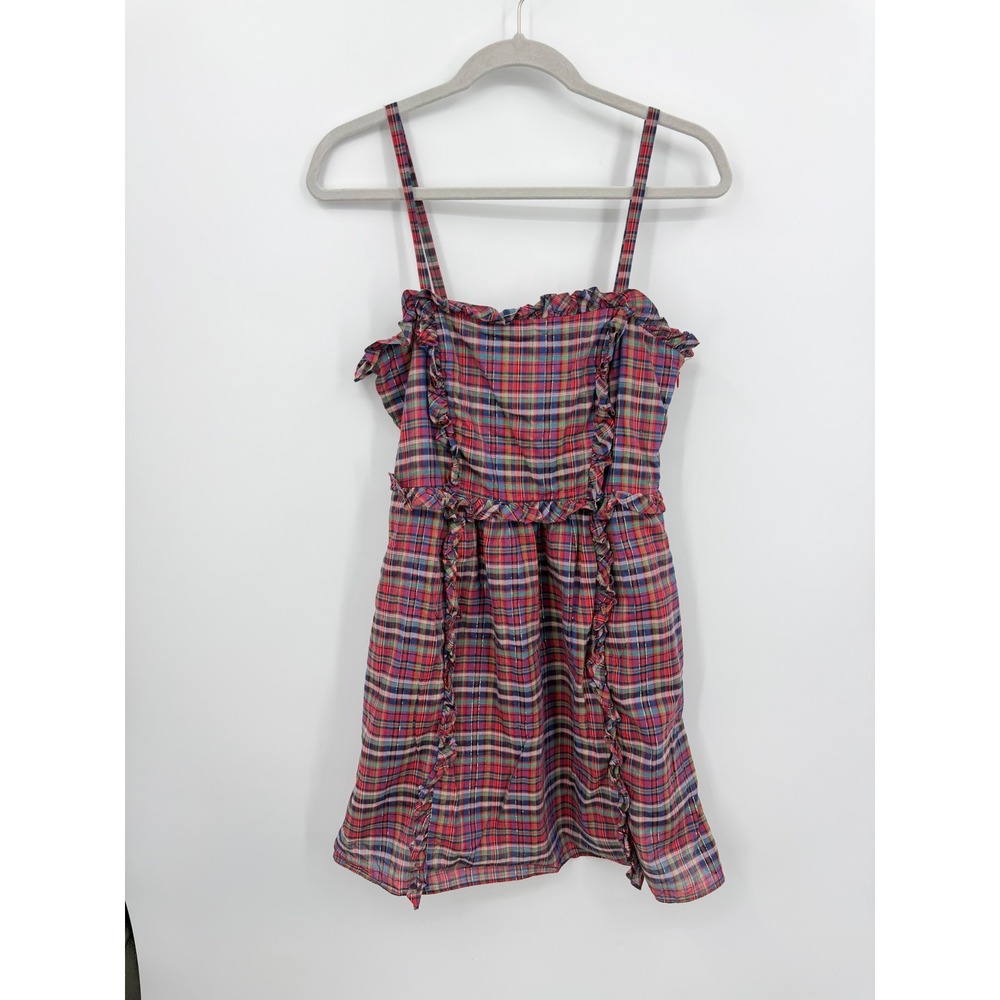 Marc by Marc Jacobs Plaid Ruffle Mini‎ Dress Womens 4 Red Multi Metallic Lurex